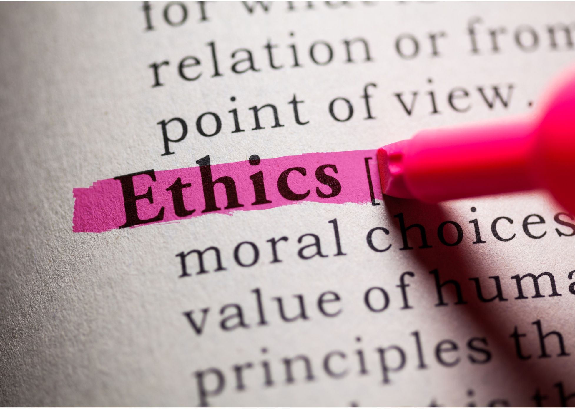 Ethics highlighted in dictionary